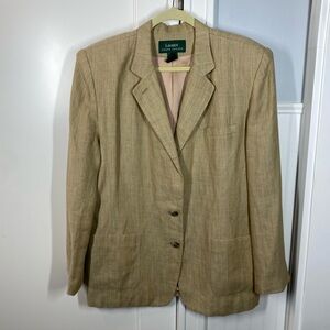 Lauren Ralph Lauren Blazer Womens 16 Tan Herringbone Linen Blend Lion Button Vtg